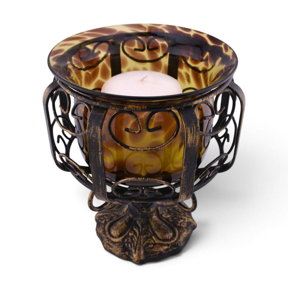 Hand Blown Amber Tortoise Shell Glass Metal Cage Frame Hurricane Candle Holder